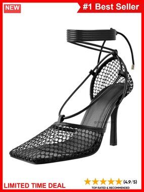 Olomisa Mesh Heels for Women Wrap-Up Heels Square Toe Strappy Fishnet Design